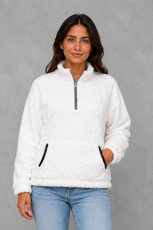Sweater Women - Plush Half Zip Pullover with Side Pockets