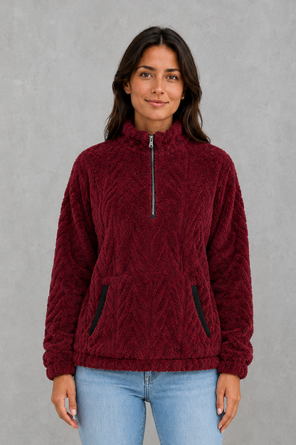 Sweater Women - Plush Half Zip Pullover with Side Pockets