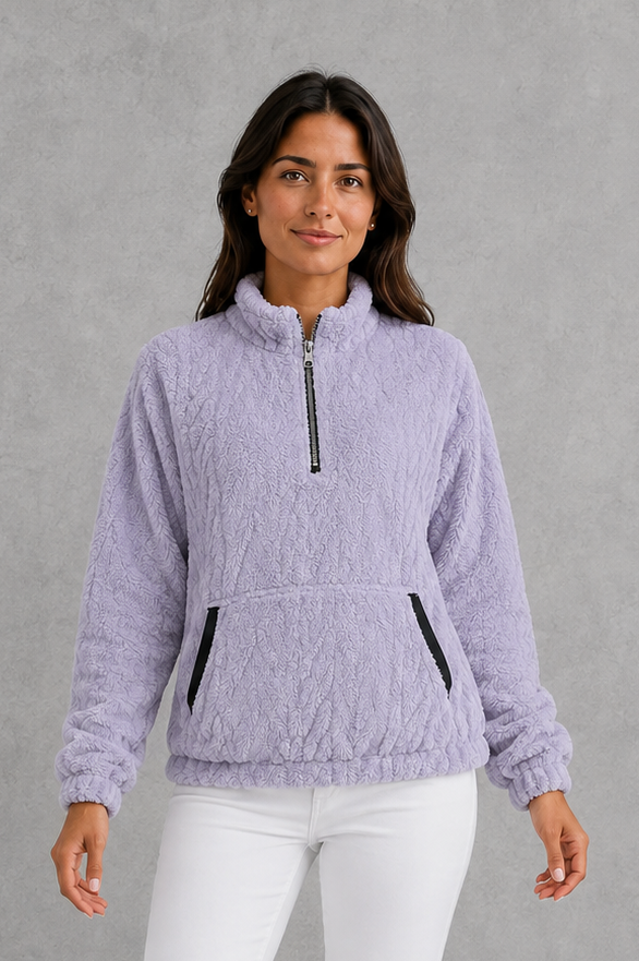 Sweater Women - Plush Half Zip Pullover with Side Pockets