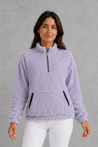 Sweater Women - Plush Half Zip Pullover with Side Pockets