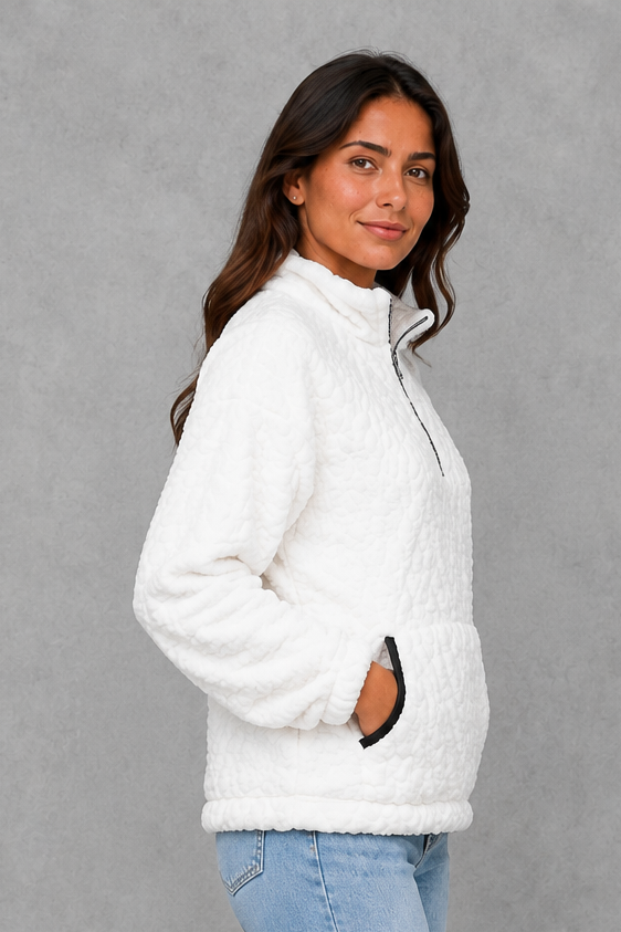 Sweater Women - Plush Half Zip Pullover with Side Pockets