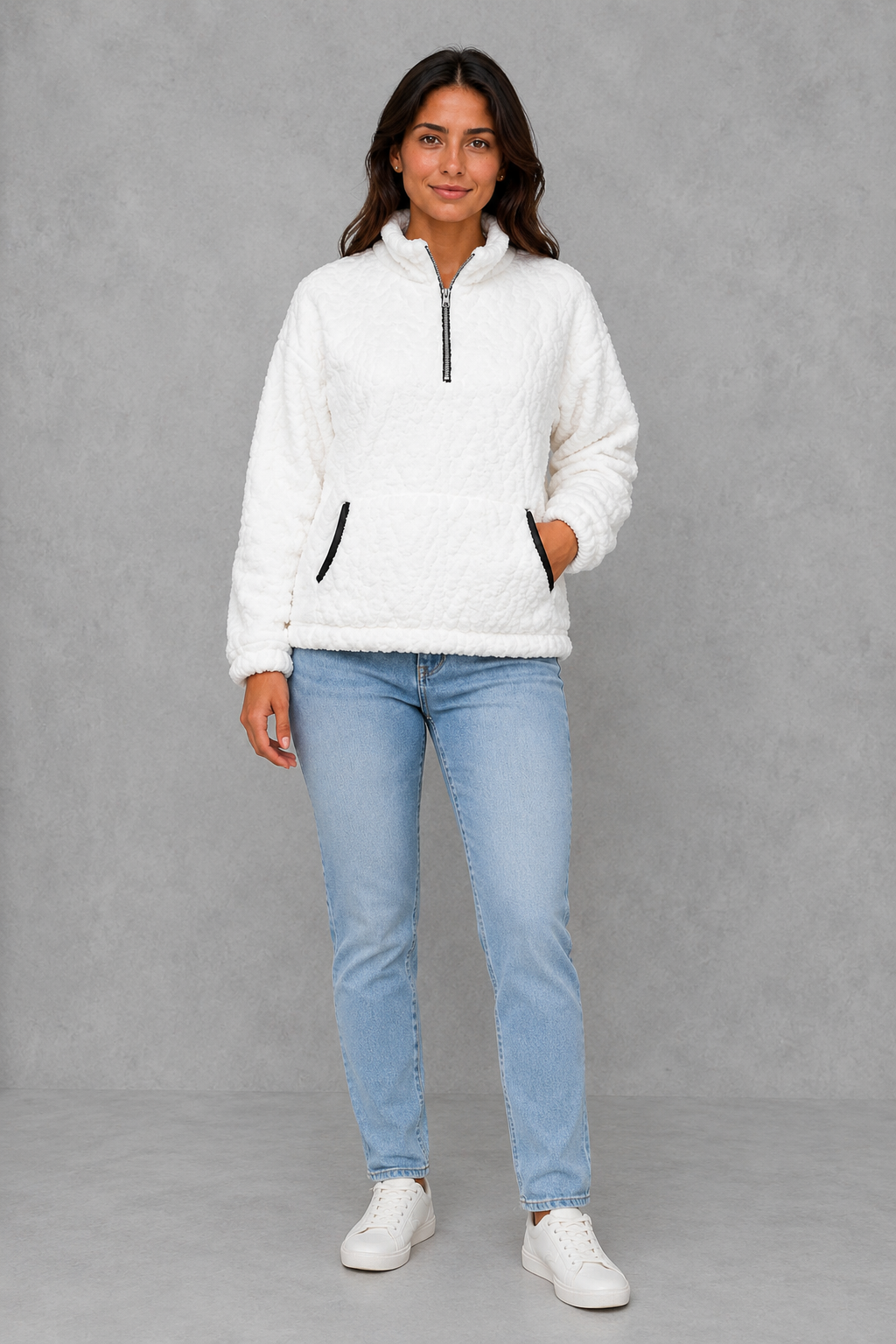 Sweater Women - Plush Half Zip Pullover with Side Pockets
