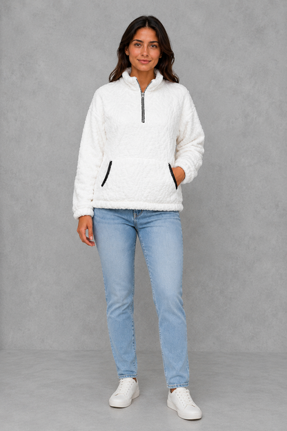Sweater Women - Plush Half Zip Pullover with Side Pockets