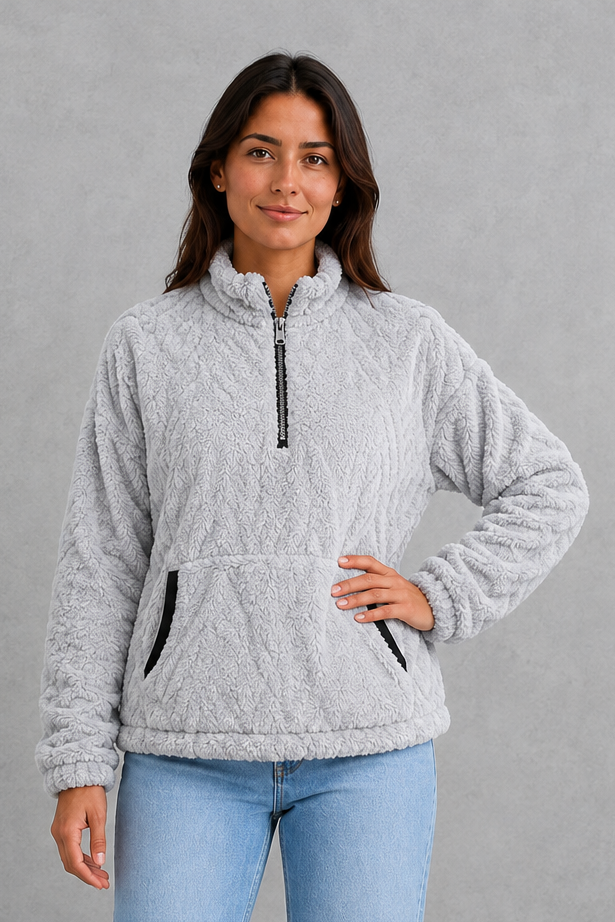 Sweater Women - Plush Half Zip Pullover with Side Pockets