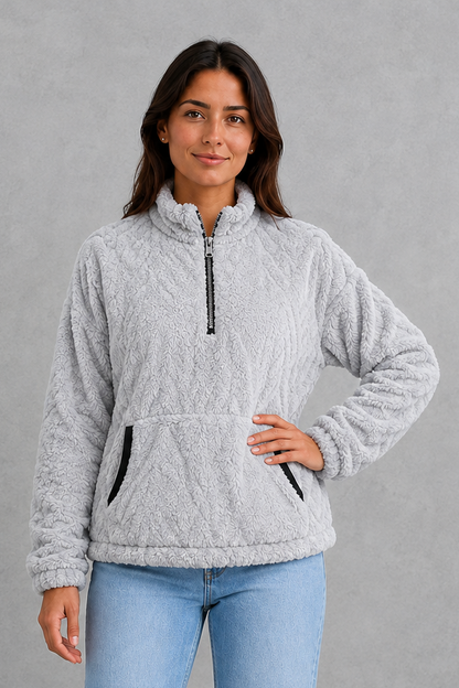 Sweater Women - Plush Half Zip Pullover with Side Pockets