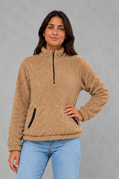 Sweater Women - Plush Half Zip Pullover with Side Pockets
