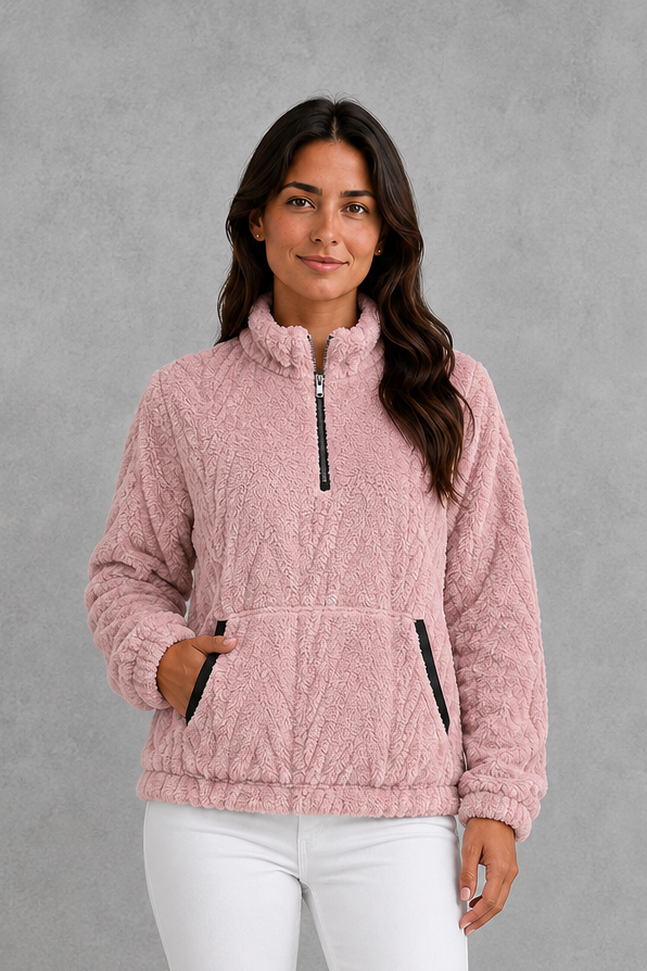 Sweater Women - Plush Half Zip Pullover with Side Pockets