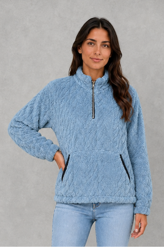 Sweater Women - Plush Half Zip Pullover with Side Pockets