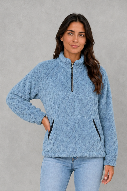 Sweater Women - Plush Half Zip Pullover with Side Pockets