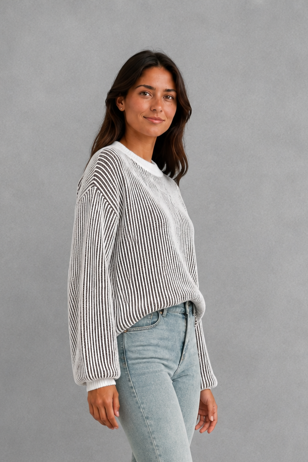 Sweater Women - Striped Knit Jumper with Drop Shoulder