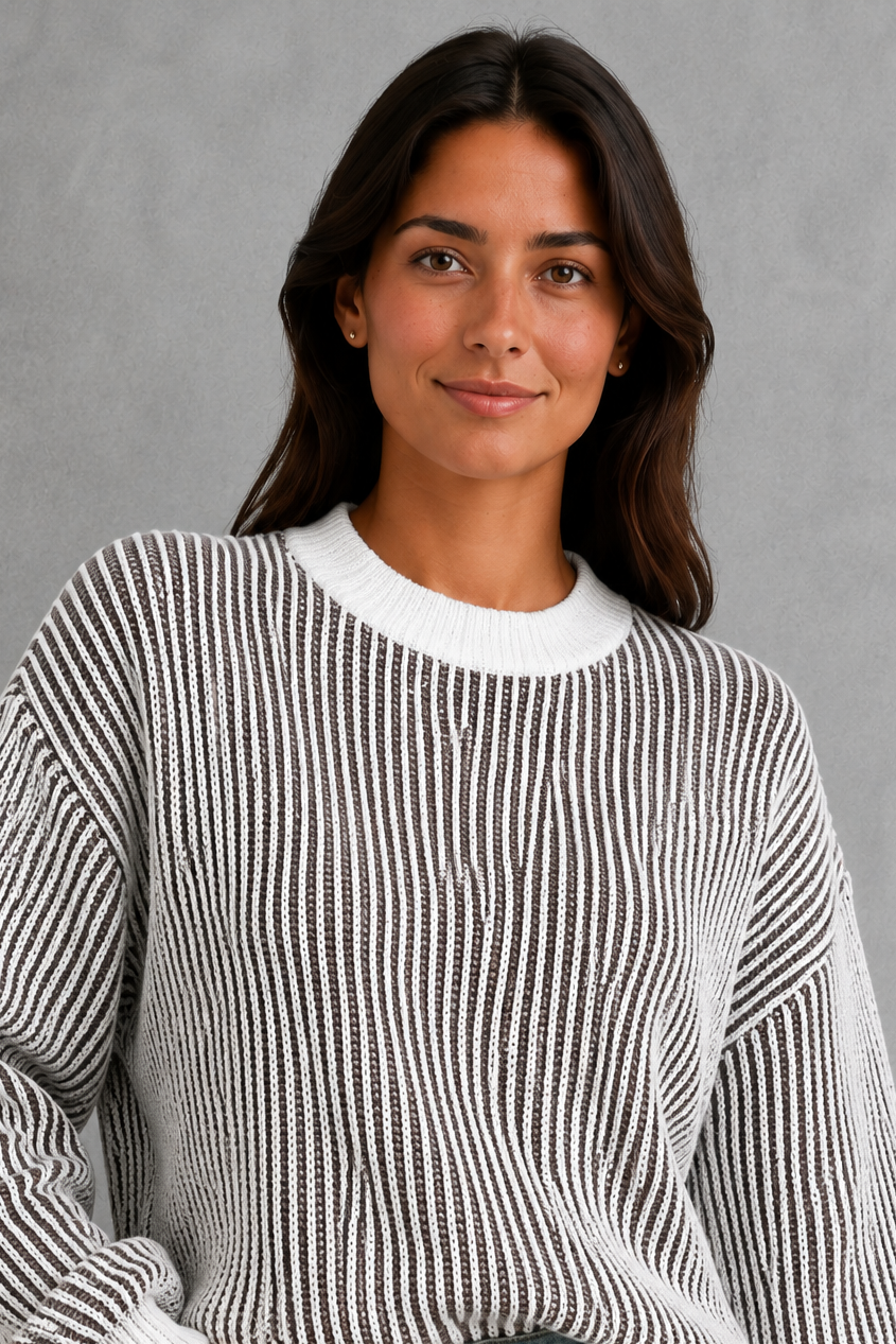 Sweater Women - Striped Knit Jumper with Drop Shoulder
