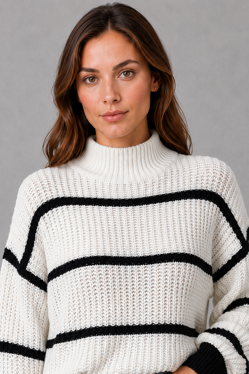 Sweater Women - Striped Mock Neck Jumper with Drop Shoulder