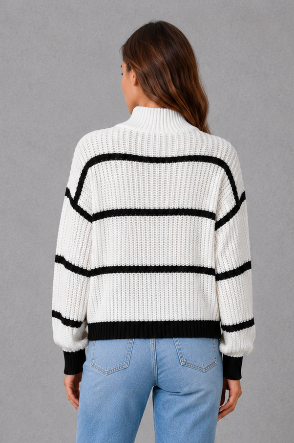 Sweater Women - Striped Mock Neck Jumper with Drop Shoulder
