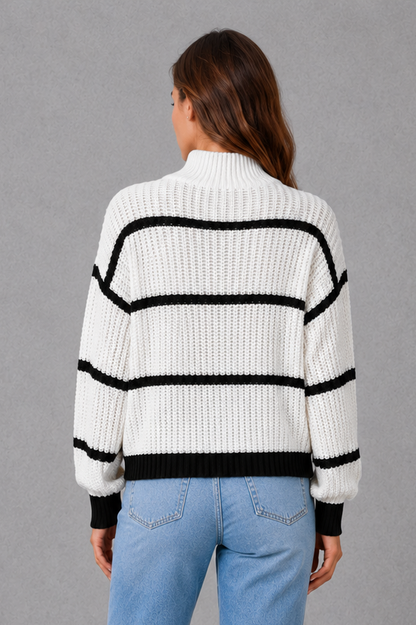 Sweater Women - Striped Mock Neck Jumper with Drop Shoulder