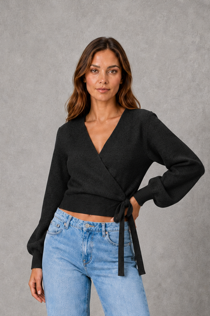 Sweater Women - V-Neck Wrap Knit Jumper with Tie Waist
