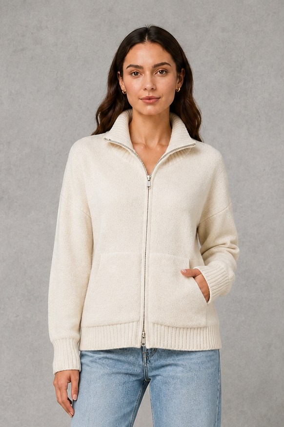 Cardigan Women - Zip Up Knit Cardigan with Funnel Neck