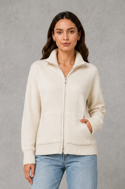 Cardigan Women - Zip Up Knit Cardigan with Funnel Neck
