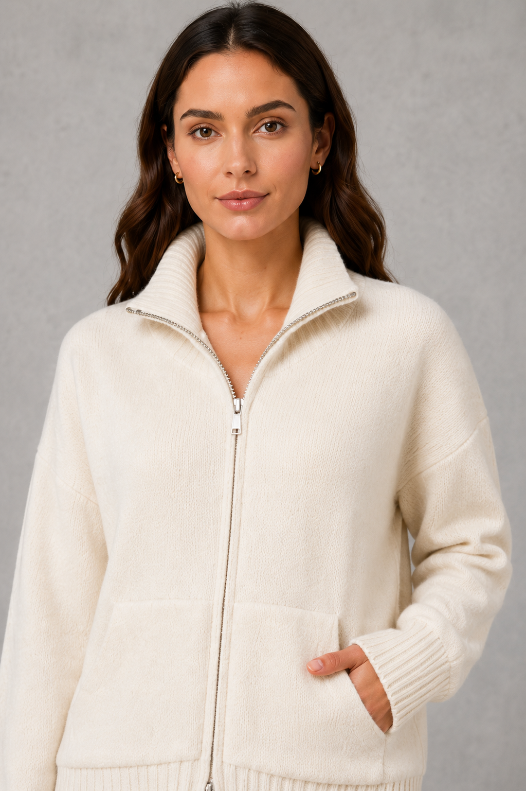 Cardigan Women - Zip Up Knit Cardigan with Funnel Neck
