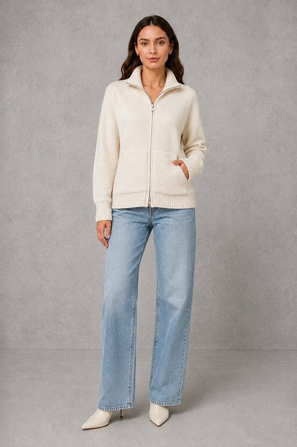 Cardigan Women - Zip Up Knit Cardigan with Funnel Neck