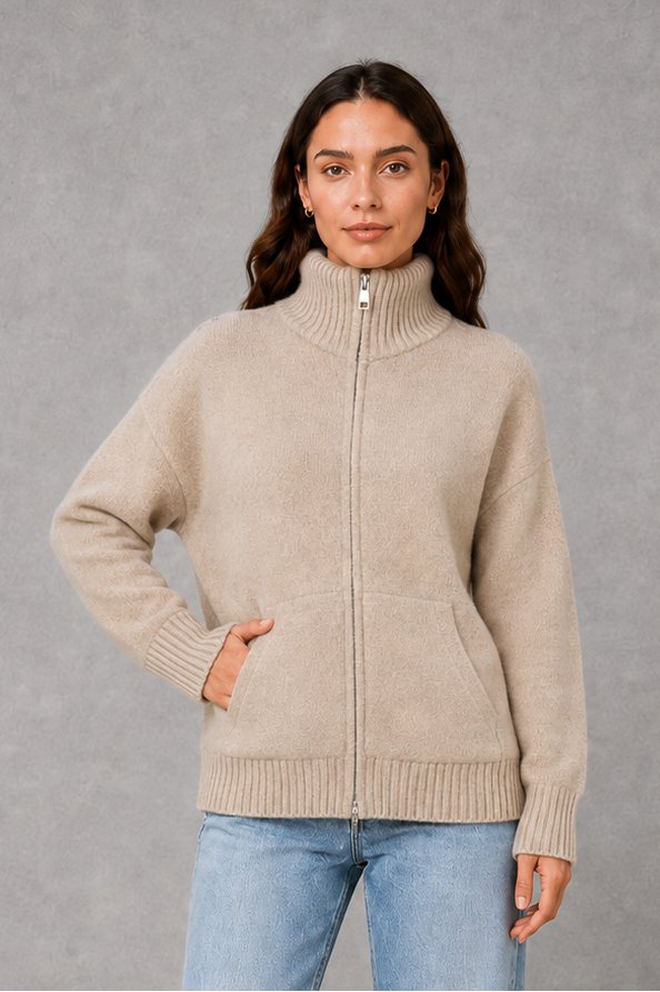 Cardigan Women - Zip Up Knit Cardigan with Funnel Neck