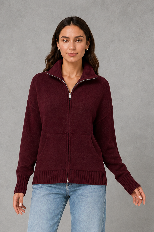 Cardigan Women - Zip Up Knit Cardigan with Funnel Neck