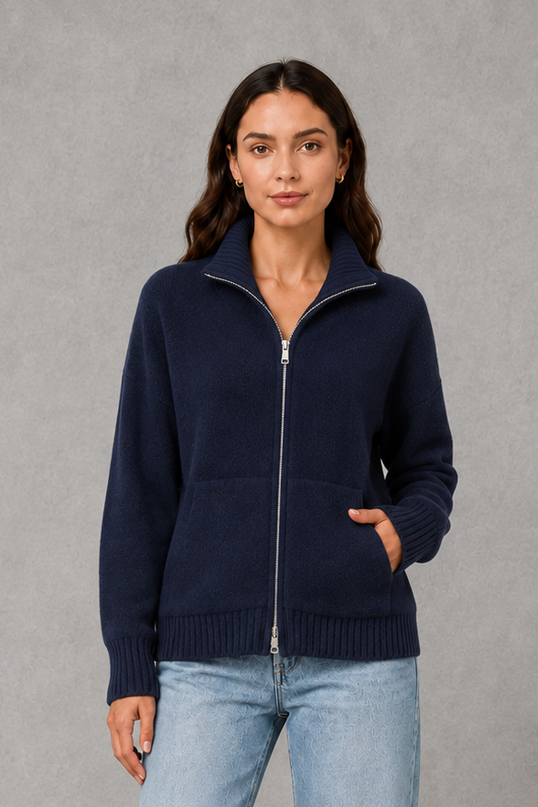 Cardigan Women - Zip Up Knit Cardigan with Funnel Neck