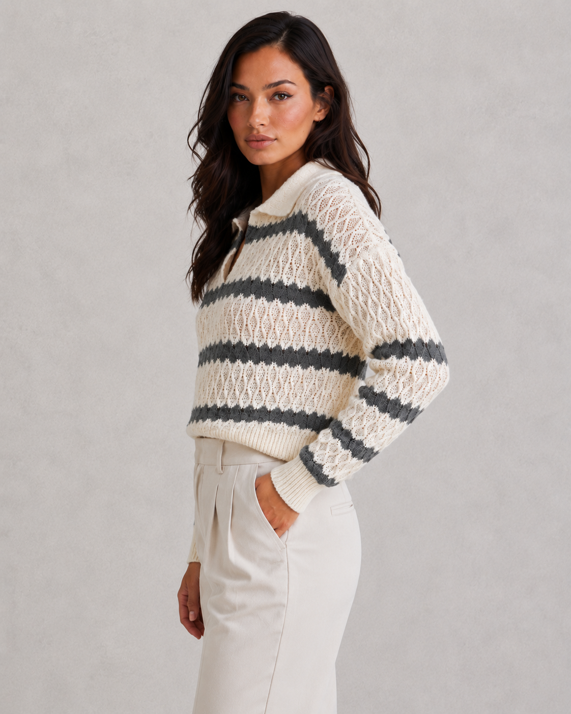 Sweater Women - Striped Polo Collar Jumper with Drop Shoulder