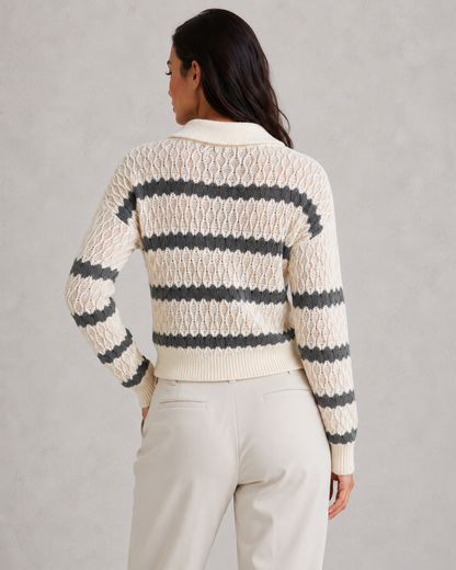 Sweater Women - Striped Polo Collar Jumper with Drop Shoulder