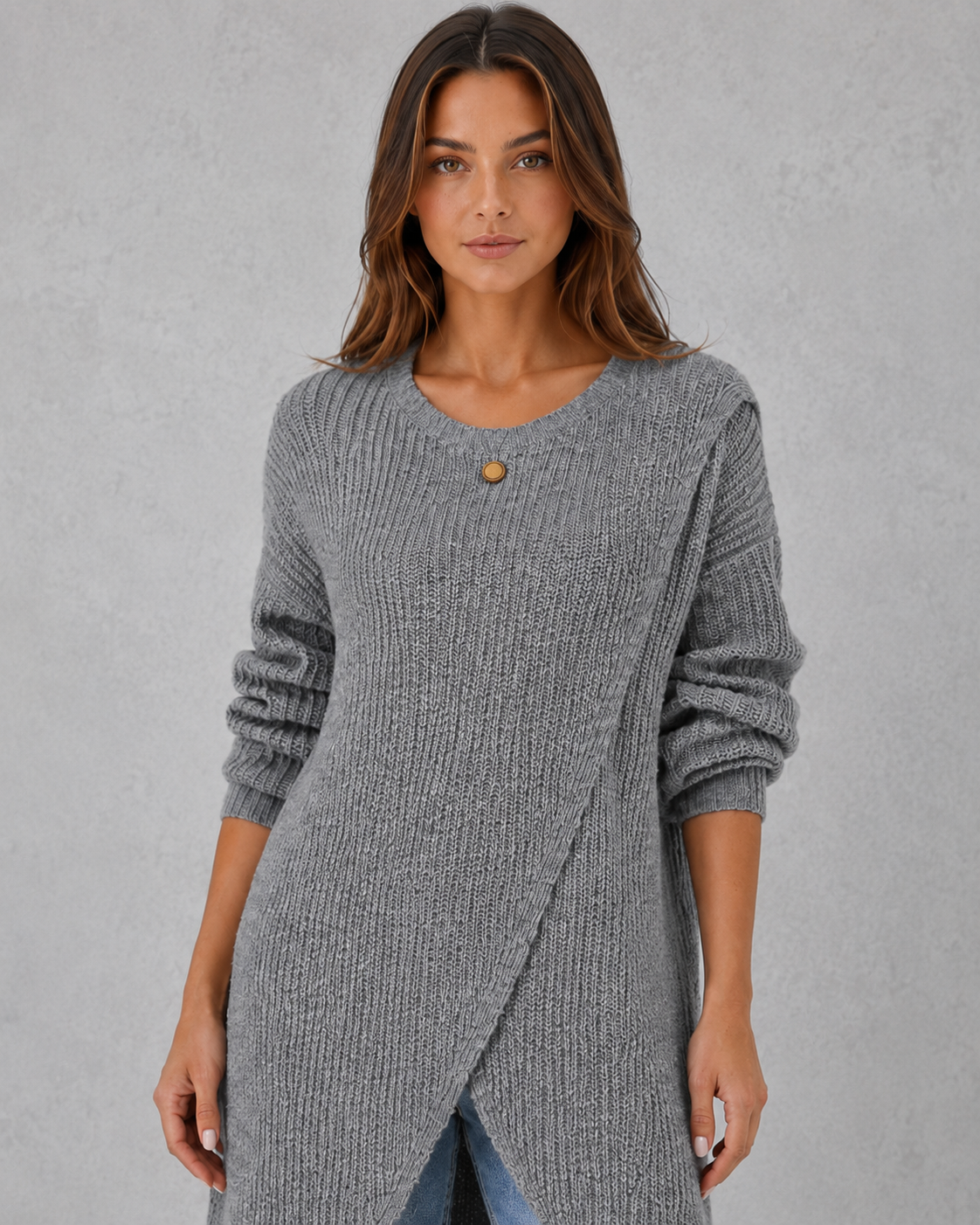 Sweater Women - Longline Wrap Jumper with Asymmetric Hem