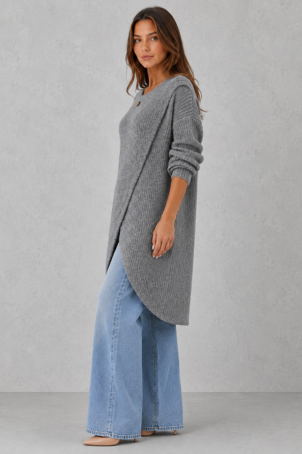 Sweater Women - Longline Wrap Jumper with Asymmetric Hem