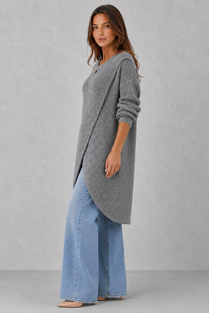 Sweater Women - Longline Wrap Jumper with Asymmetric Hem