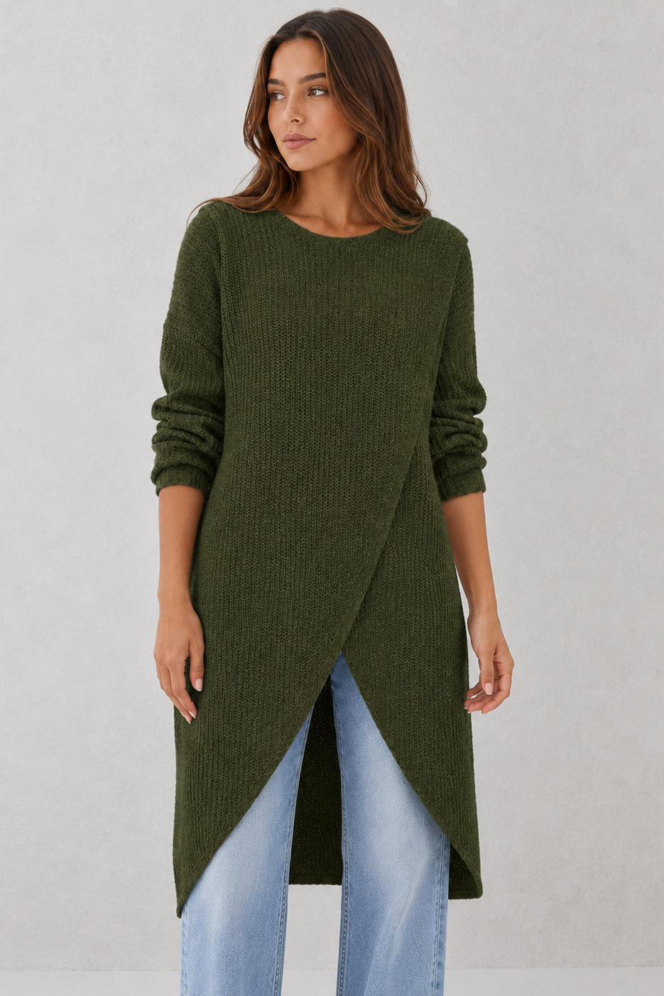Sweater Women - Longline Wrap Jumper with Asymmetric Hem