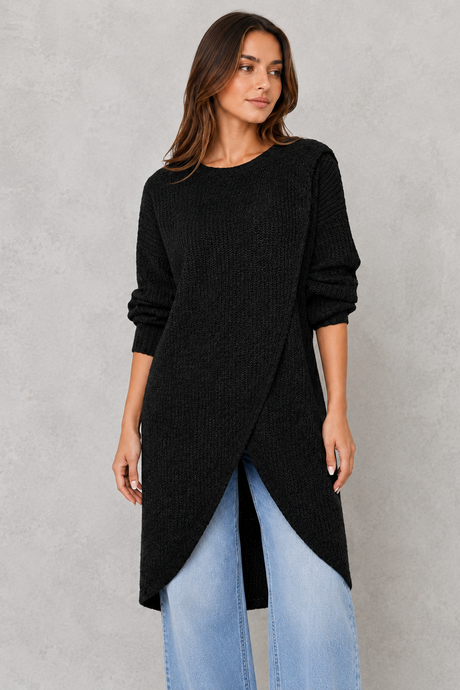 Sweater Women - Longline Wrap Jumper with Asymmetric Hem