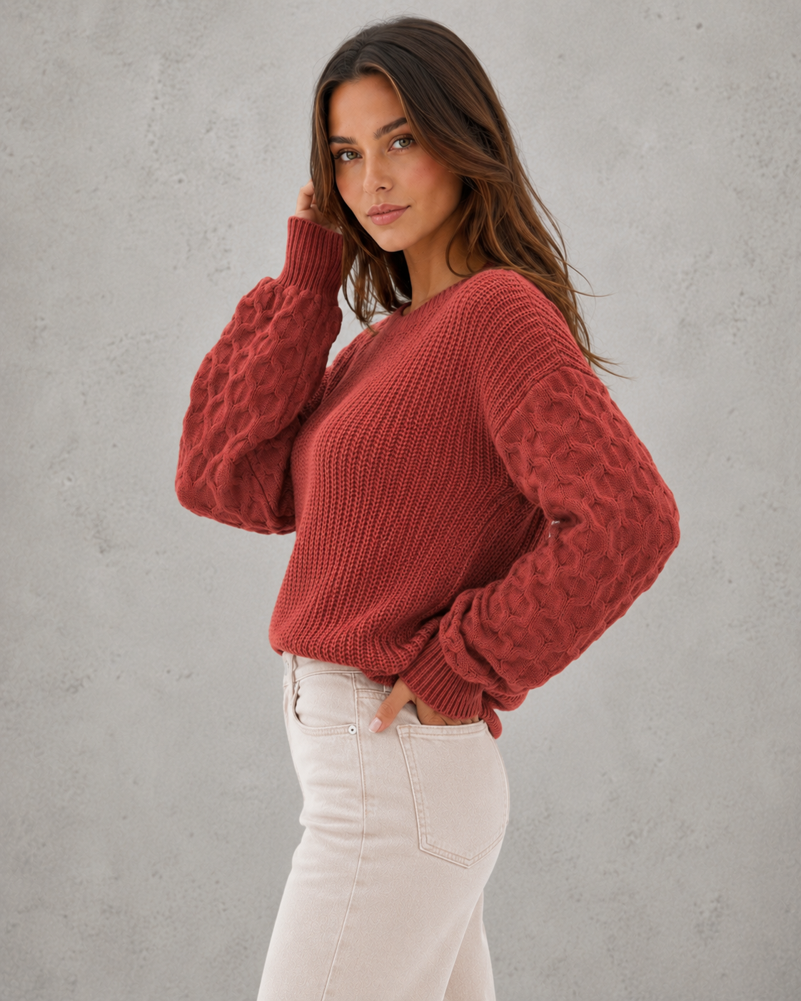 Sweater Women - Lantern Sleeve Knit Jumper with Textured Finish
