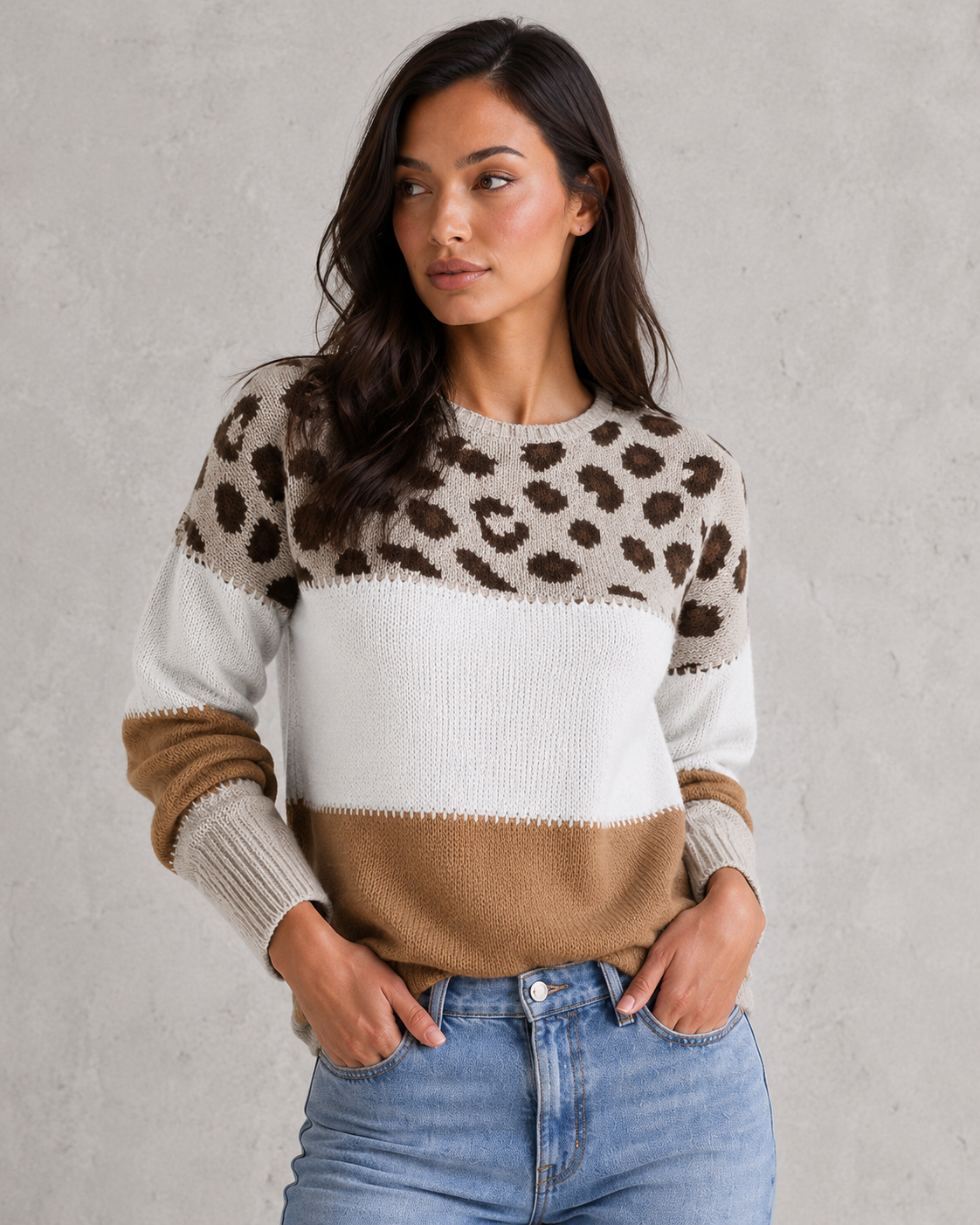 Sweater Women - Mixed Pattern Jumper with Colour Block Panels
