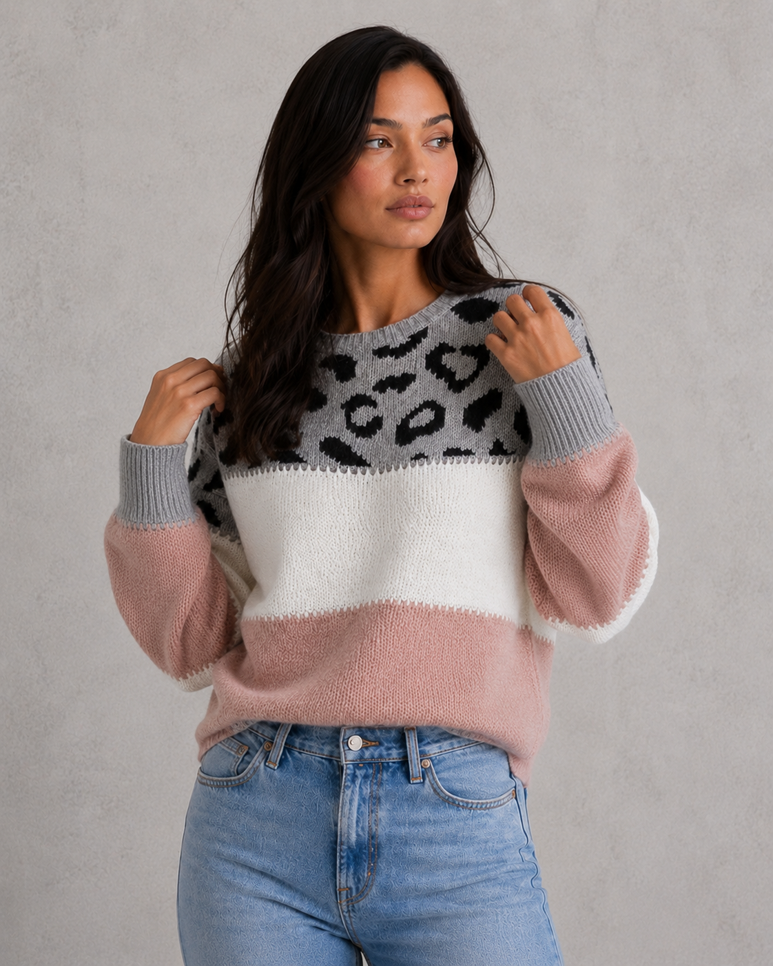 Sweater Women - Mixed Pattern Jumper with Colour Block Panels