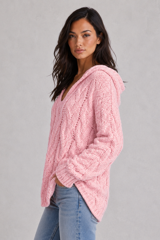 Hoodie Women - Cable Knit Hoodie with V-Neck