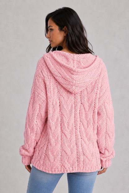 Hoodie Women - Cable Knit Hoodie with V-Neck