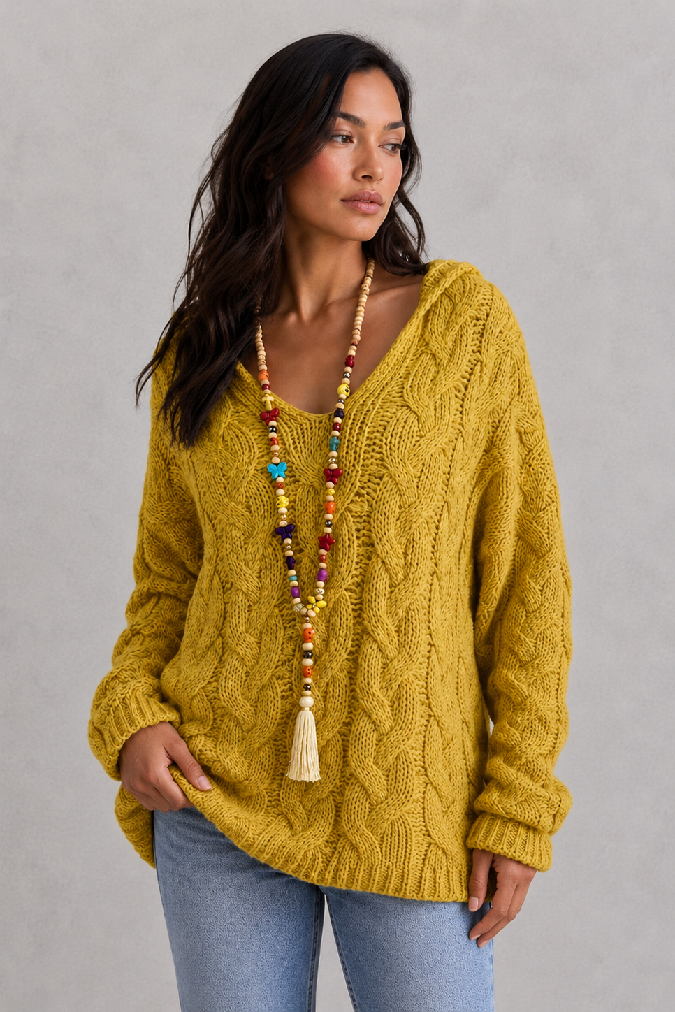 Hoodie Women - Cable Knit Hoodie with V-Neck