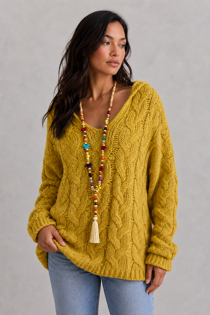 Hoodie Women - Cable Knit Hoodie with V-Neck