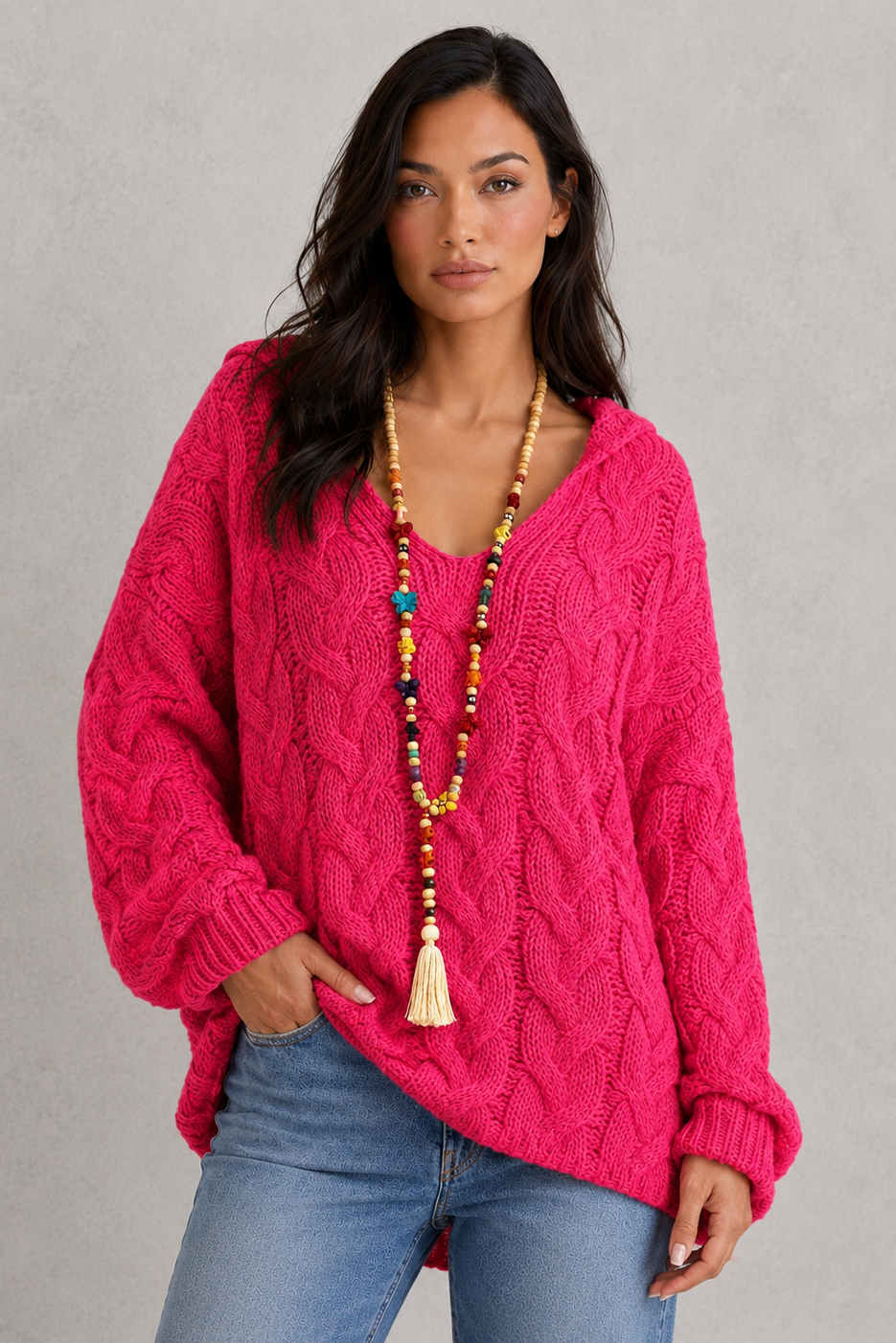 Hoodie Women - Cable Knit Hoodie with V-Neck