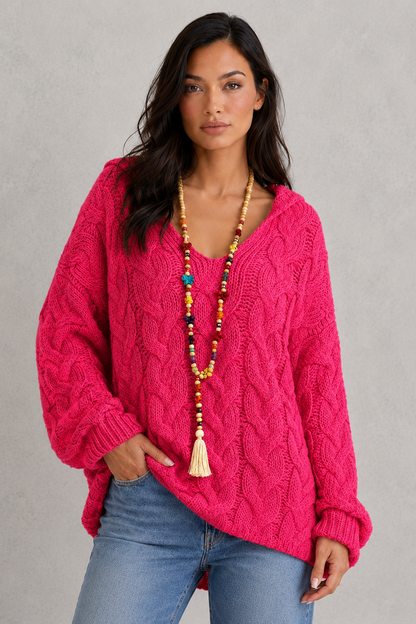 Hoodie Women - Cable Knit Hoodie with V-Neck