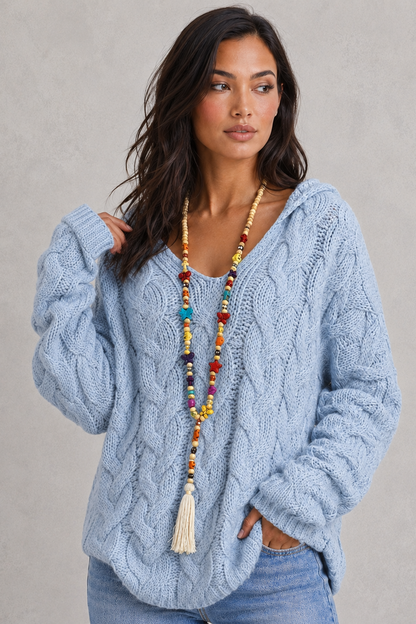 Hoodie Women - Cable Knit Hoodie with V-Neck