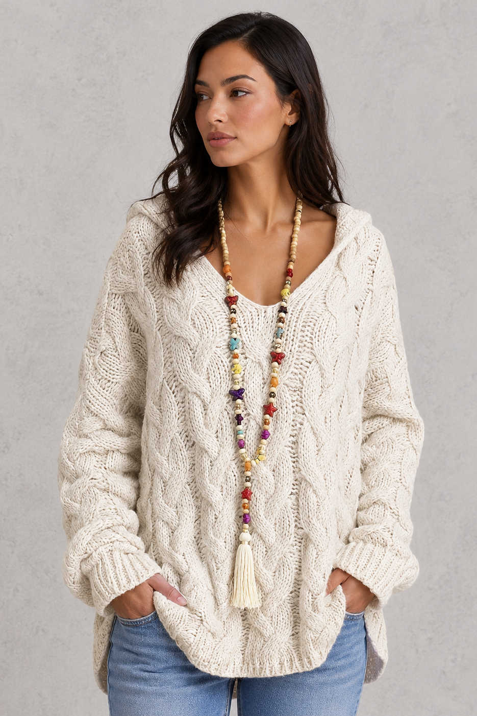 Hoodie Women - Cable Knit Hoodie with V-Neck