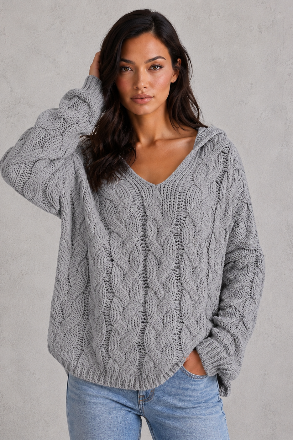 Hoodie Women - Cable Knit Hoodie with V-Neck