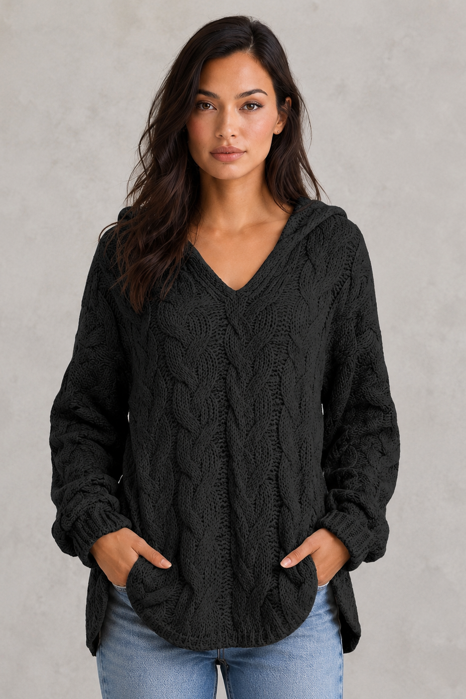 Hoodie Women - Cable Knit Hoodie with V-Neck
