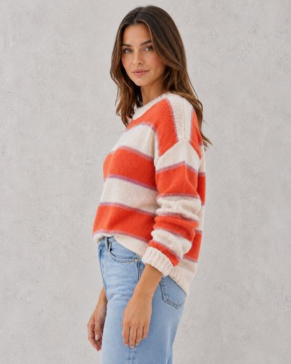 Sweater Women - Wide Stripe Jumper with Ribbed Crew Neck