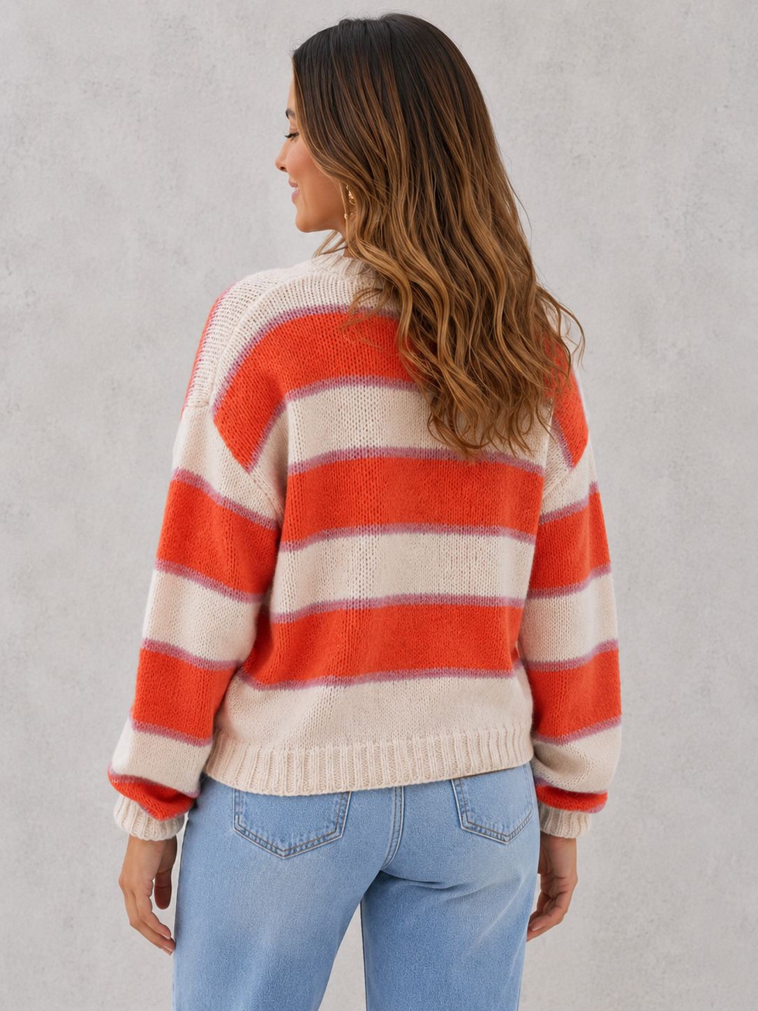 Sweater Women - Wide Stripe Jumper with Ribbed Crew Neck