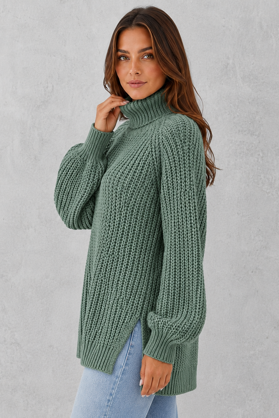 Sweater Women - Ribbed Roll Neck Jumper with Side Splits
