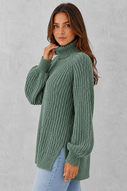 Sweater Women - Ribbed Roll Neck Jumper with Side Splits